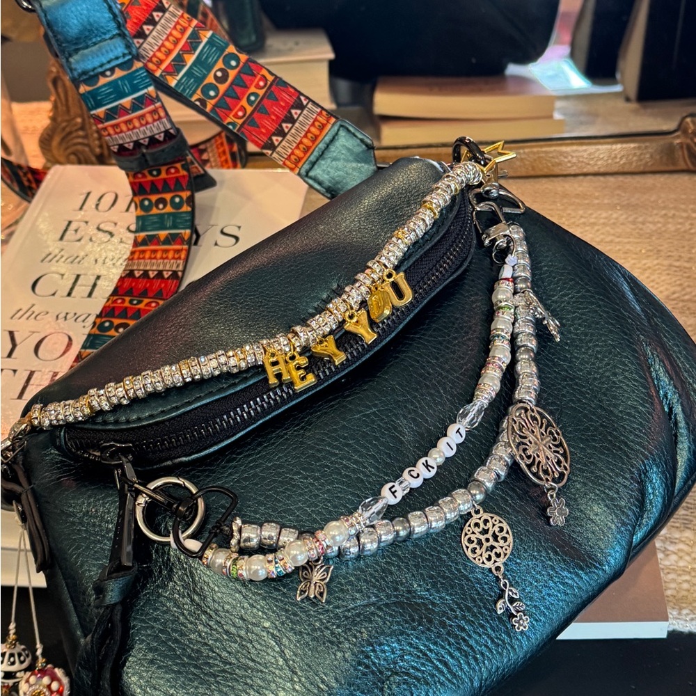 Handmade Beaded Bag Charm: Silver Butterfly & Floral Medallions